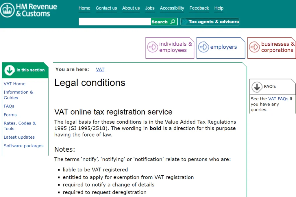A screen shot of the gov uk website showing legal conditions to register for VAT.