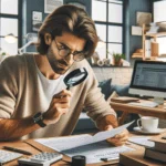 A man with glasses is examining a magnifying glass at a desk while navigating through the UK Tax Maze.