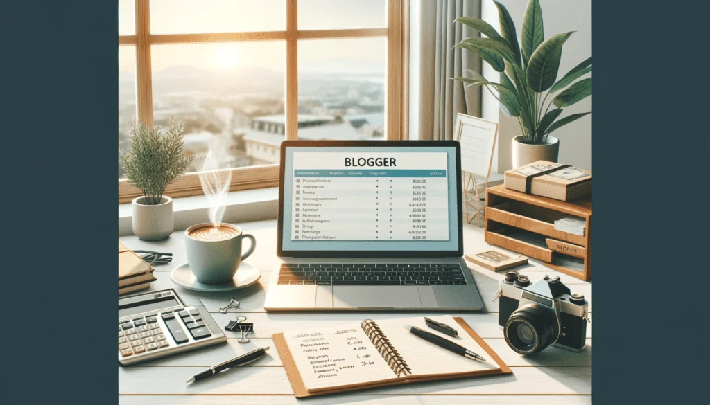Explore the ultimate Blogger's Guide to saving tax and reducing expenses, illustrated by an image of a laptop on a desk with a view of a window.