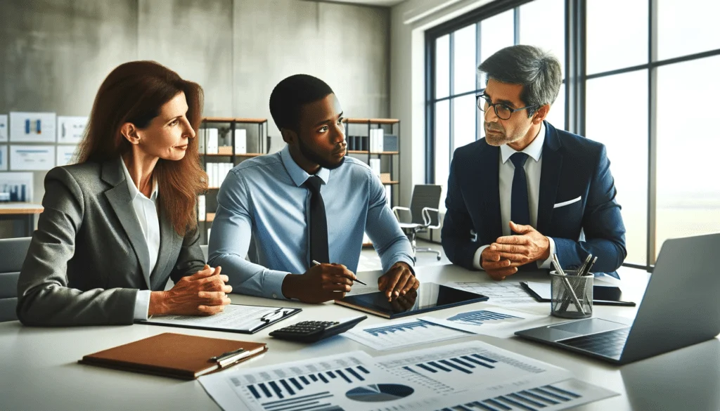 Three business people discussing the company tax return.