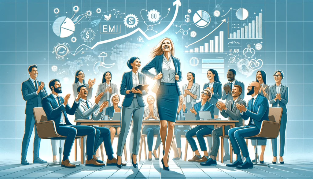 A woman in a business suit standing in front of a group of people, discussing Enterprise Management Incentives and maximizing growth.