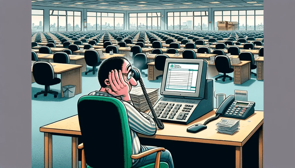An illustration of a man sitting at a desk in an office, possibly involved in HMRC-related Helpline Adventures.