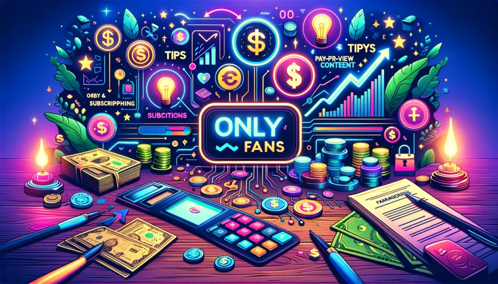 An illustration of a desk with a lot of money and other items depicting income.