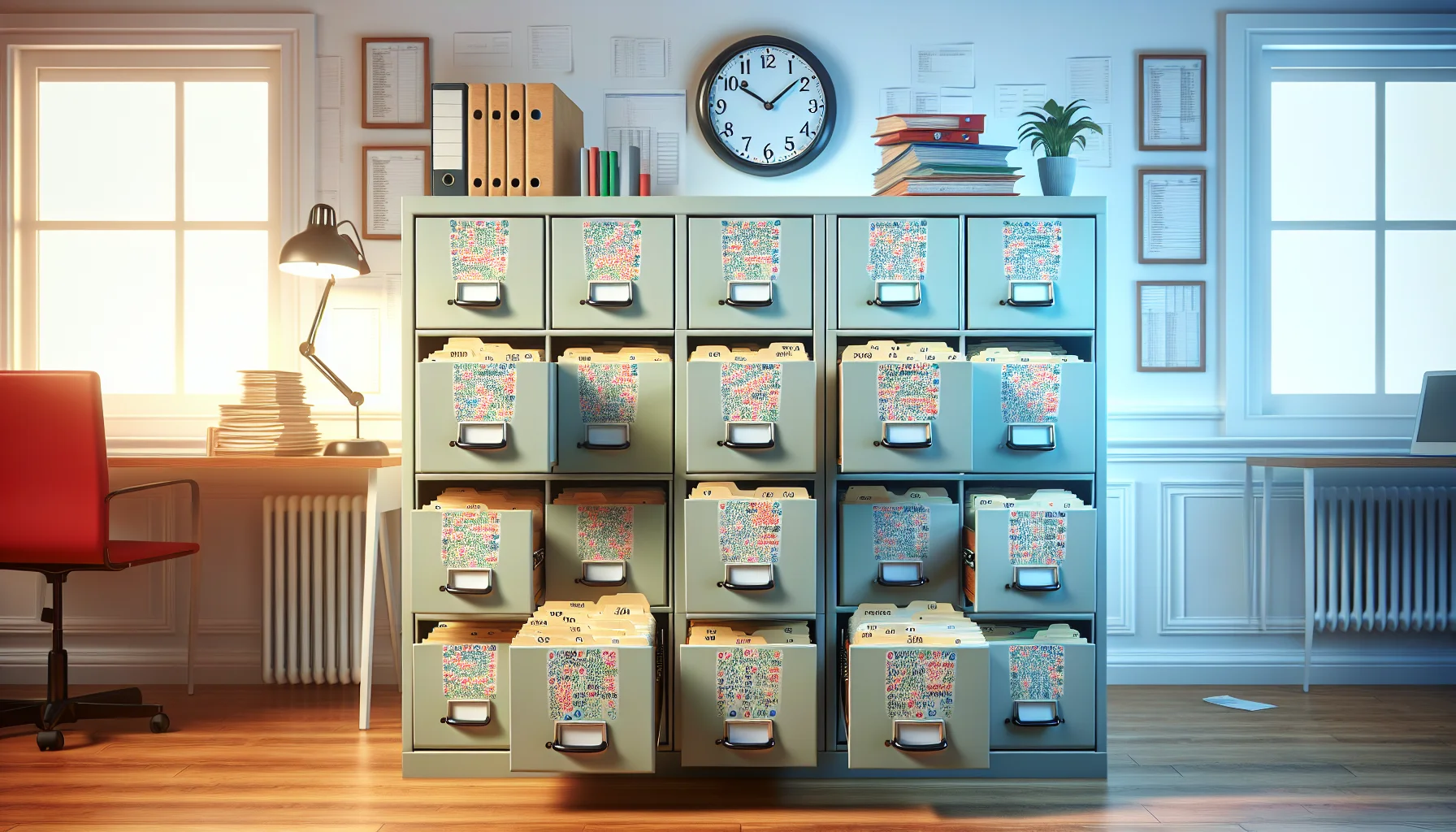 Illustration of organised financial documents in a filing cabinet