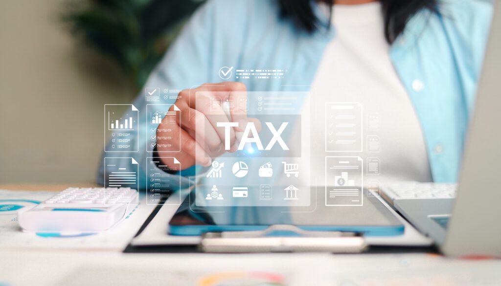 October 2026 Newsletter 4 Professional tax planning and financial management concept showing a business person reviewing tax documents, digital financial data, accounting reports, and savings information
