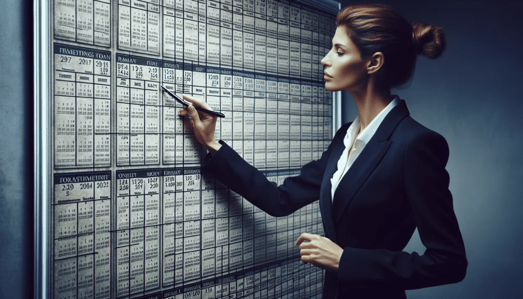 A woman in a business suit is writing on a board, discussing Companies House late filing penalties.